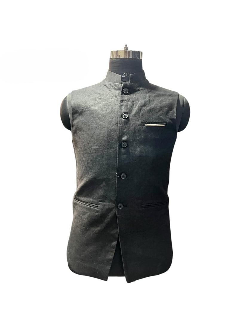 Men’s Classic Black Linen Nehru Waistcoat