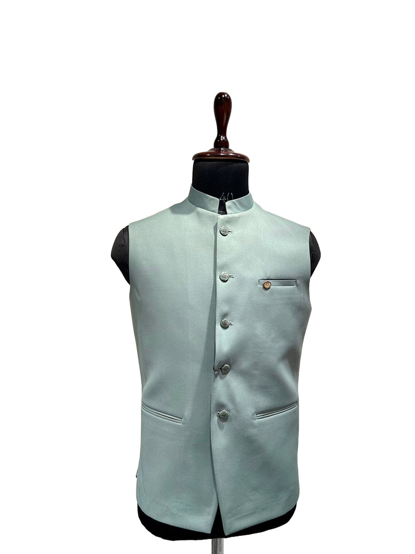 Men’s  Green Satin Finish Nehru Jacket Waistcoat Metal Buttons