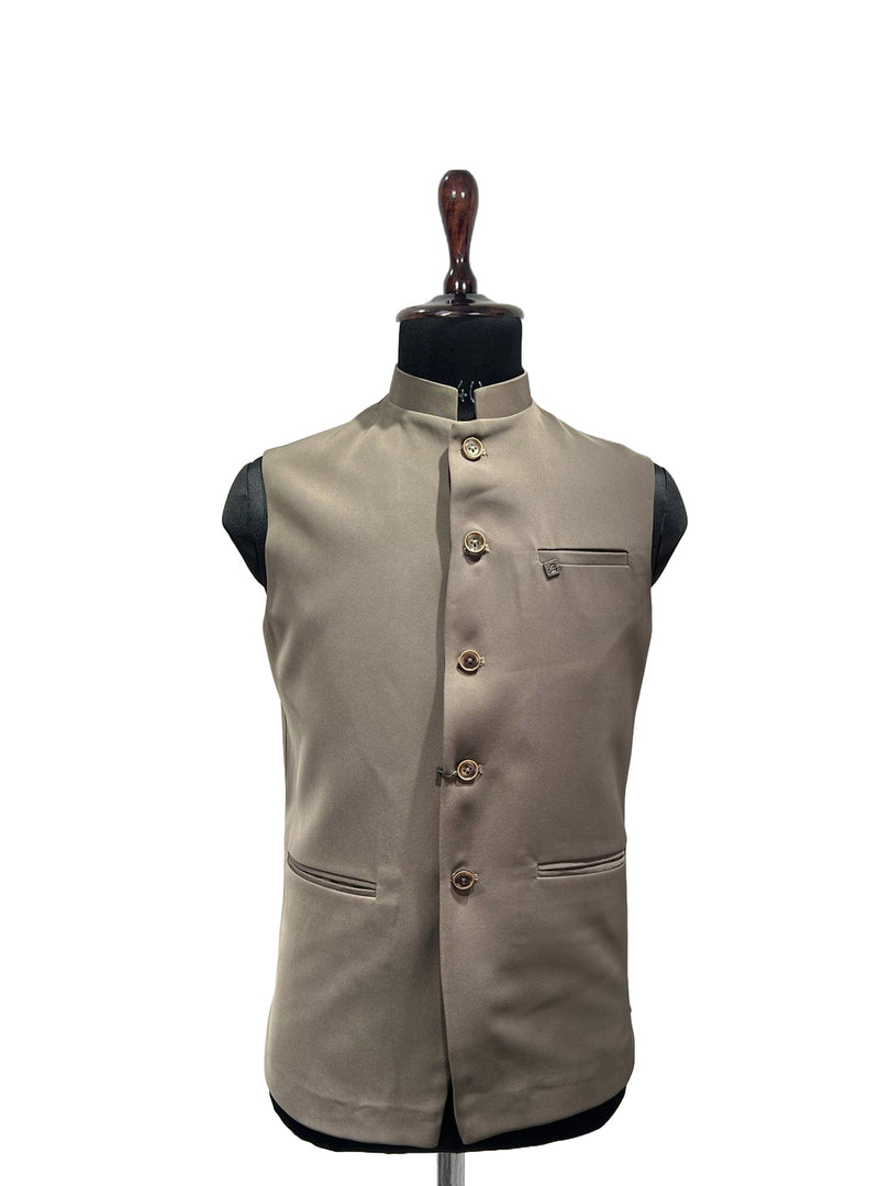 Men’s Mehandi Brown Satin Nehru Waistcoat with Designer Buttons