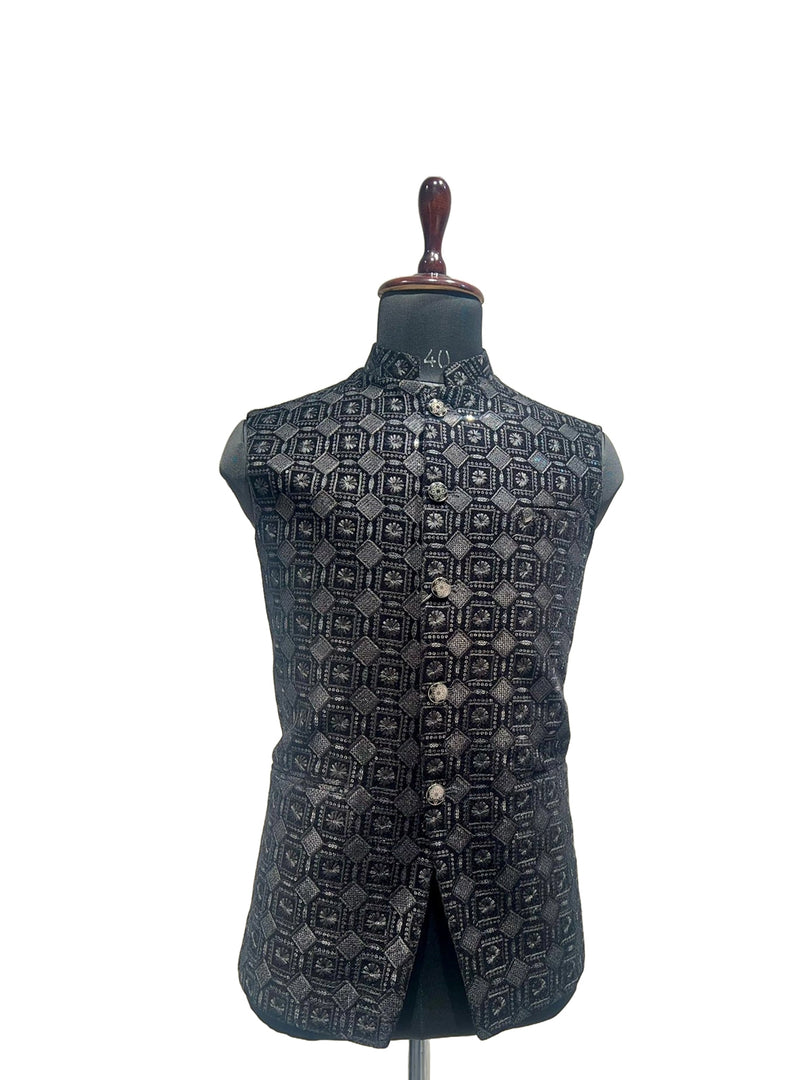 Black Geometric Brocade Nehru Waistcoat – Luxe Festive & Wedding Wear