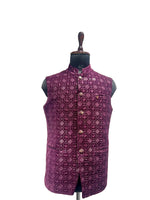 Load image into Gallery viewer, Plum Wine Brocade Nehru Waistcoat with Geometric Pattern – Festive &amp; Wedding Wear
