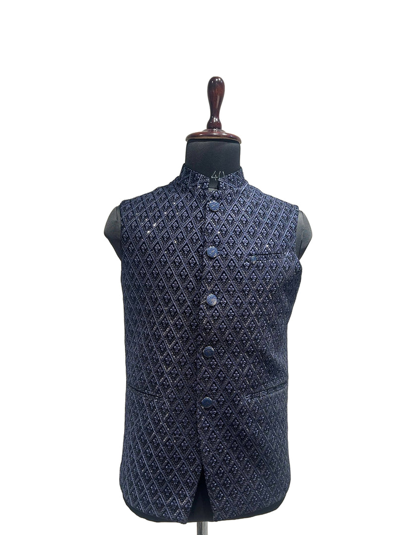 Blue Brocade Nehru Waistcoat with Diamond Motif – Wedding & Festive Wear