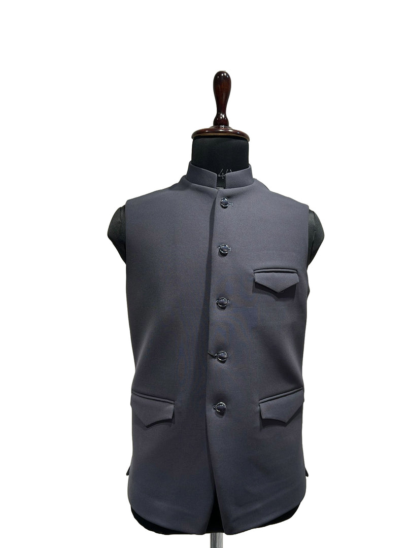 Smoke Grey Nehru Waistcoat with Flap Pockets