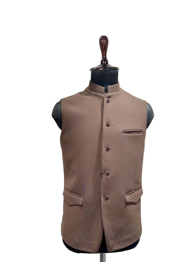 Classic Brown Textured Nehru Waistcoat with Welt Pockets
