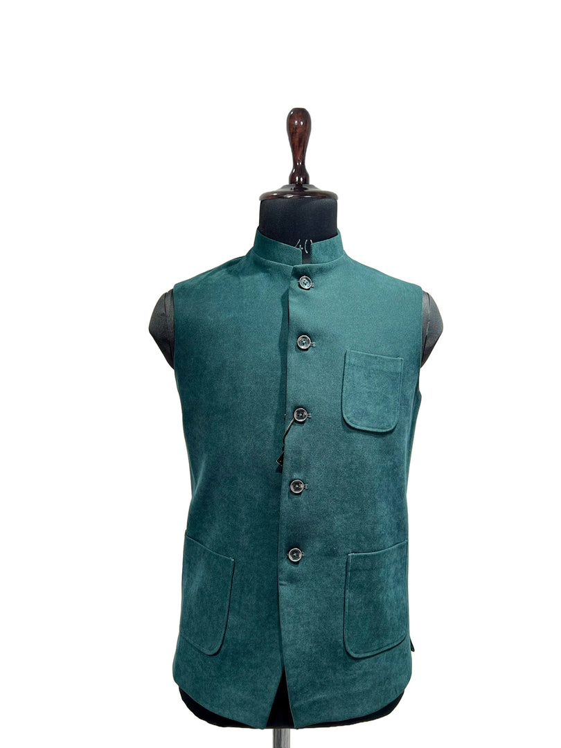 Emerald Green Velvet Nehru Waistcoat with Patch Pockets