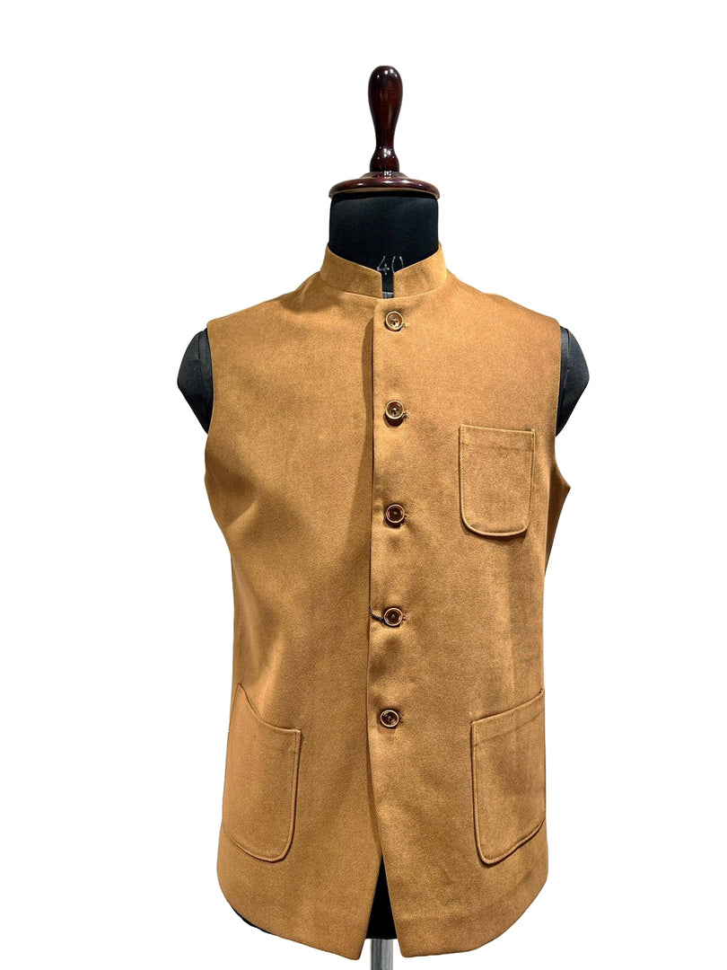 Classic Coffee Nehru Waistcoat with Patch Pockets