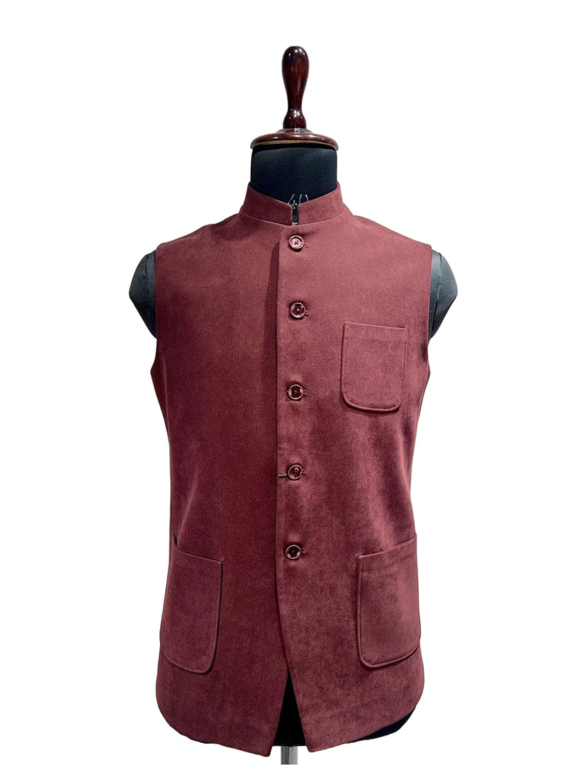 Wine Velvet-Finish Nehru Waistcoat with Patch Pockets