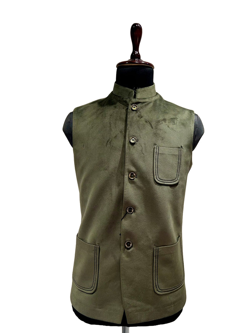 Mehandi Nehru Waistcoat with Contrast Stitch Detailing