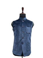 Load image into Gallery viewer, Blue Sueded Nehru Waistcoat with Contrast Stitching
