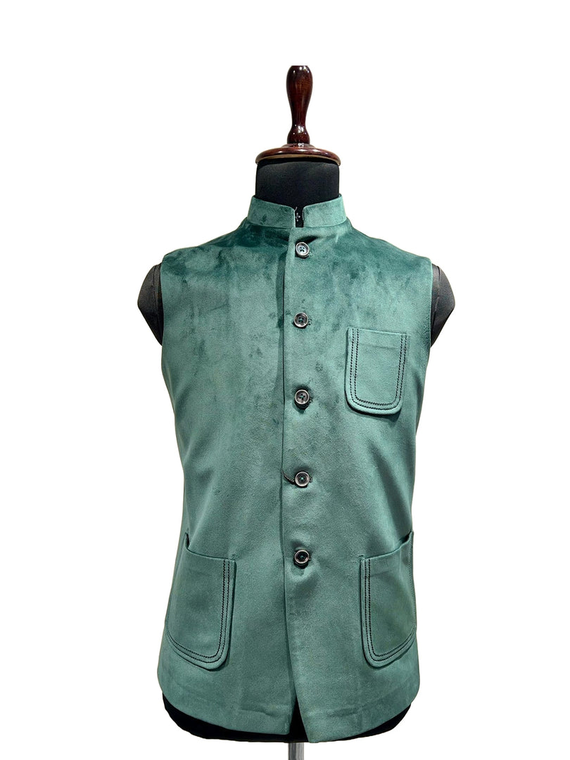 Elegant Green Suede Nehru Waistcoat