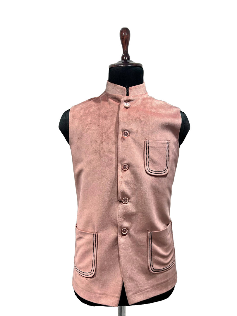 Peach Suede Nehru Waistcoat – Classic Elegance Redefined