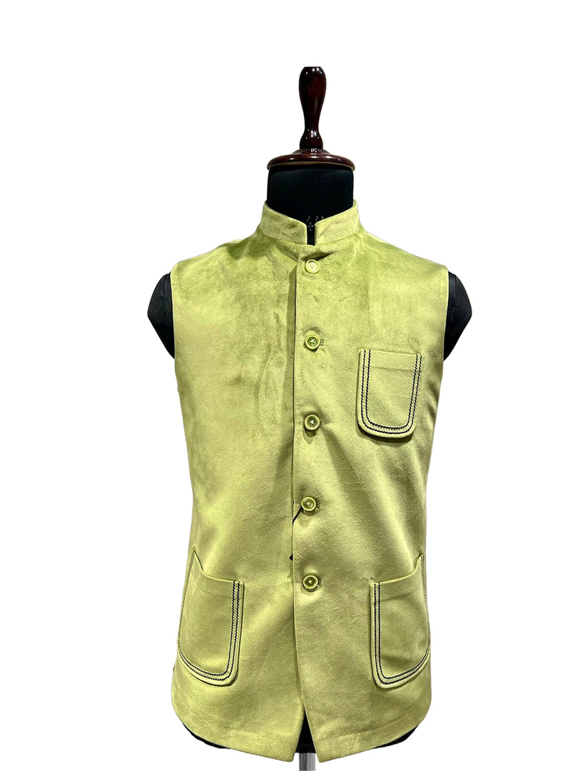 Parrot Green Suede Nehru Waistcoat – Fresh, Stylish, Contemporary