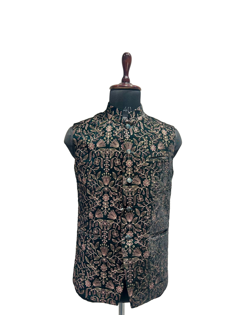 Green Velvet Floral Embroidered Nehru Waistcoat – Regal & Rich in Detail