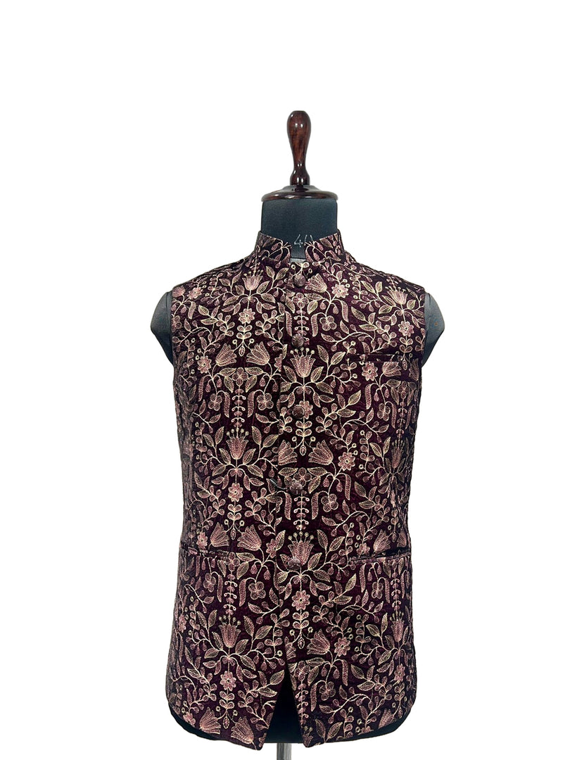 Wine Velvet Floral Embroidered Nehru Waistcoat – Majestic & Timeless