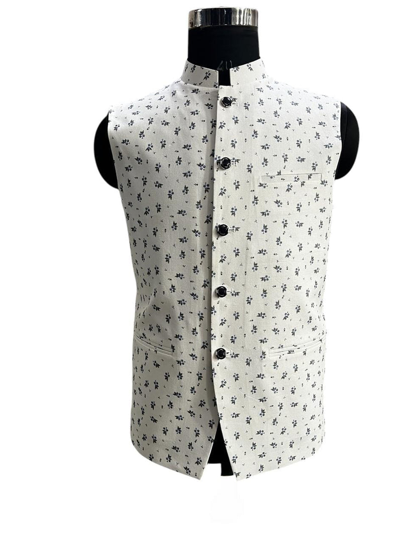 Blue Nehru Waistcoat with Navy Floral Print – Understated Elegance for Every Occasion