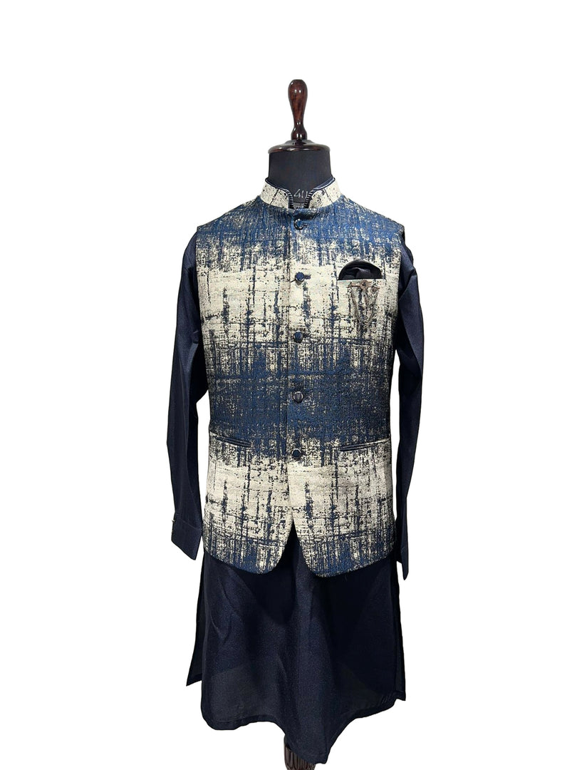 Blue & Ivory Textured Waistcoat Set – Abstract Royalty for the Modern Man