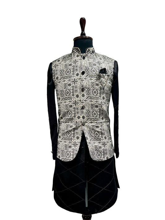 Black Tribal Block Printed Waistcoat Set – Bold | Minimal | Majestic