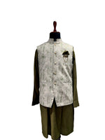 Load image into Gallery viewer, Olive Green Waistcoat Set with Ice Grey Textured Nehru Jacket &amp; Chain Brooch
