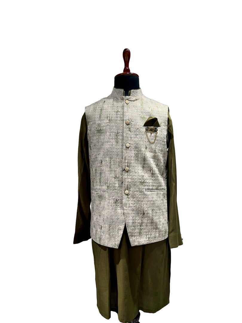 Olive Green Waistcoat Set with Ice Grey Textured Nehru Jacket & Chain Brooch