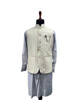 Load image into Gallery viewer, Sky Grey Waistcoat Set with Ivory Quilted Waistcoat Set &amp; Star Brooch
