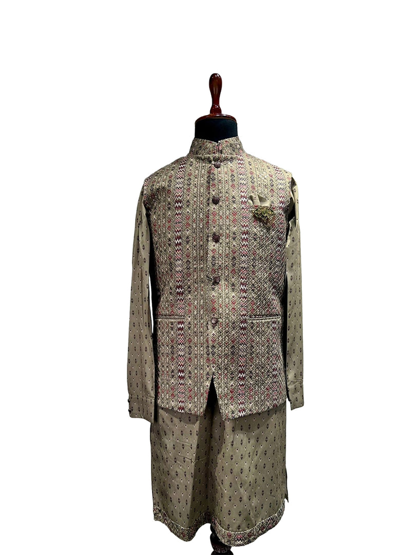 Muted Olive Waistcoat Set with Multicolor Woven Waistcoat Set