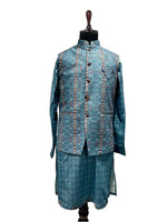 Load image into Gallery viewer, Teal Geometric Textured Jacket with Printed Waistcoat Set
