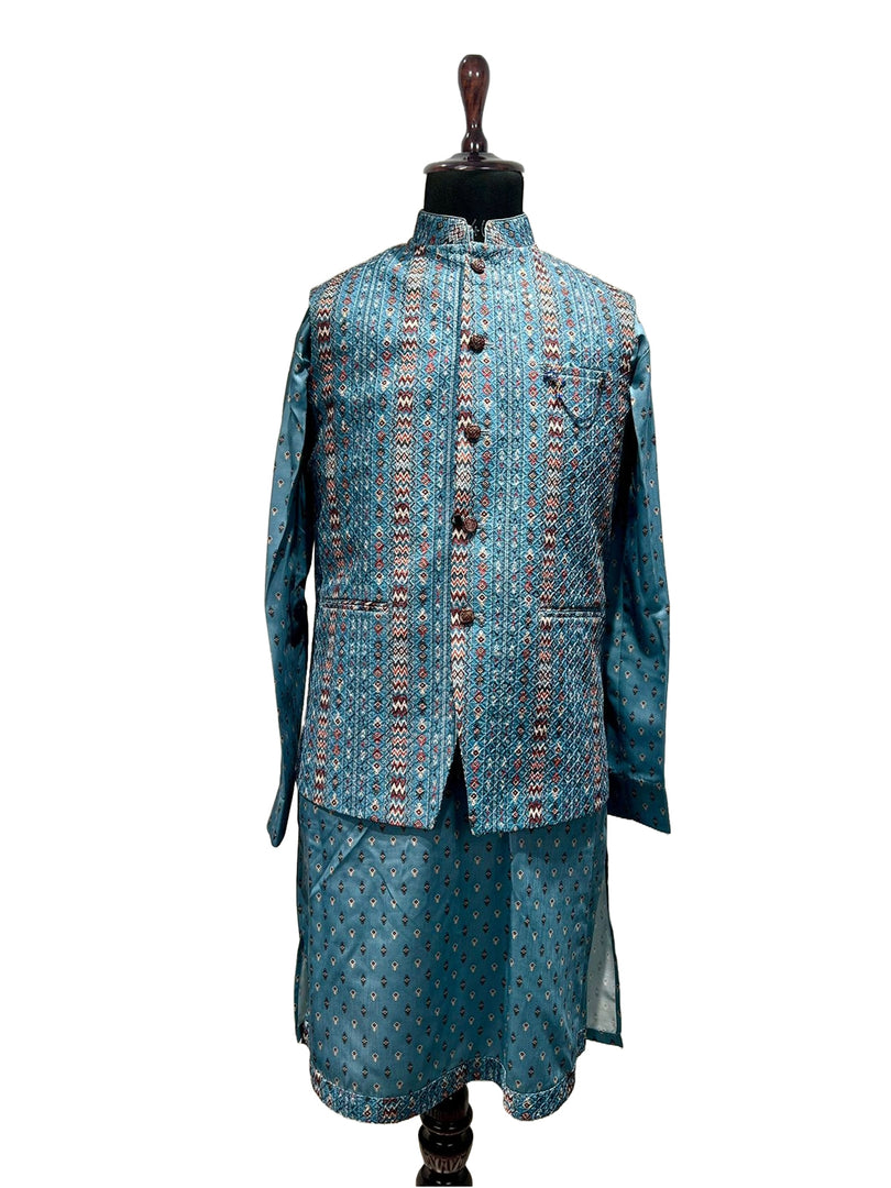 Teal Geometric Textured Jacket with Printed Waistcoat Set