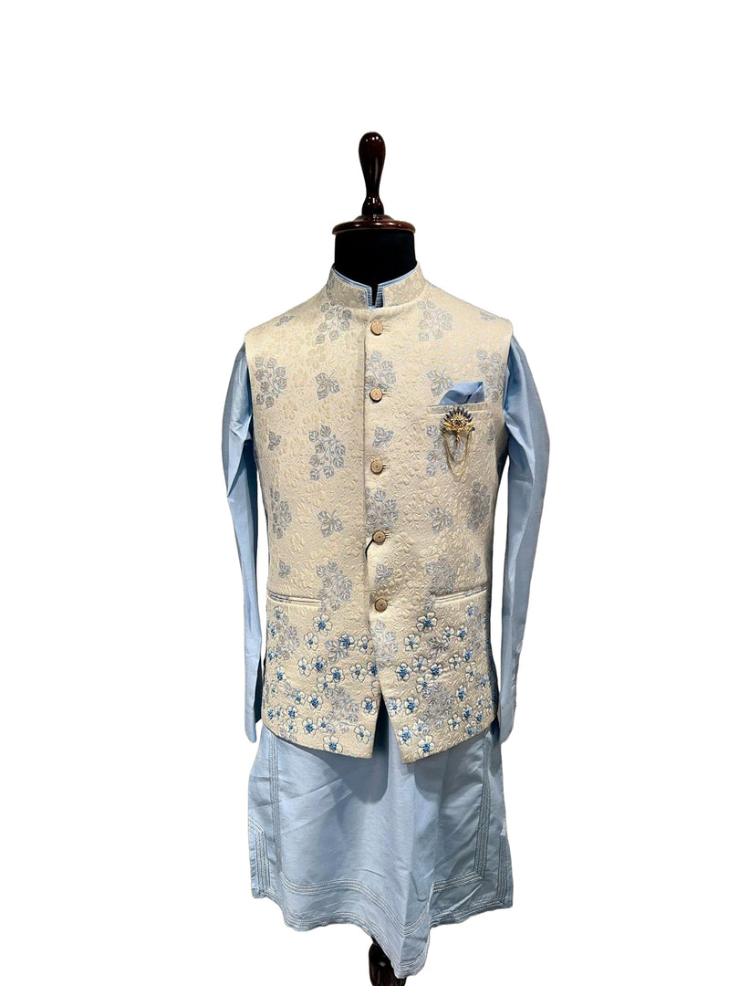 Ivory Floral Embroidered Waistcoat Set with Powder Blue Waistcoat Set