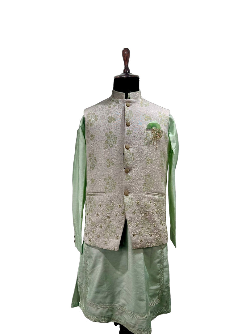 Pastel Green Waistcoat Set with Ivory Floral Embroidered Waistcoat Set