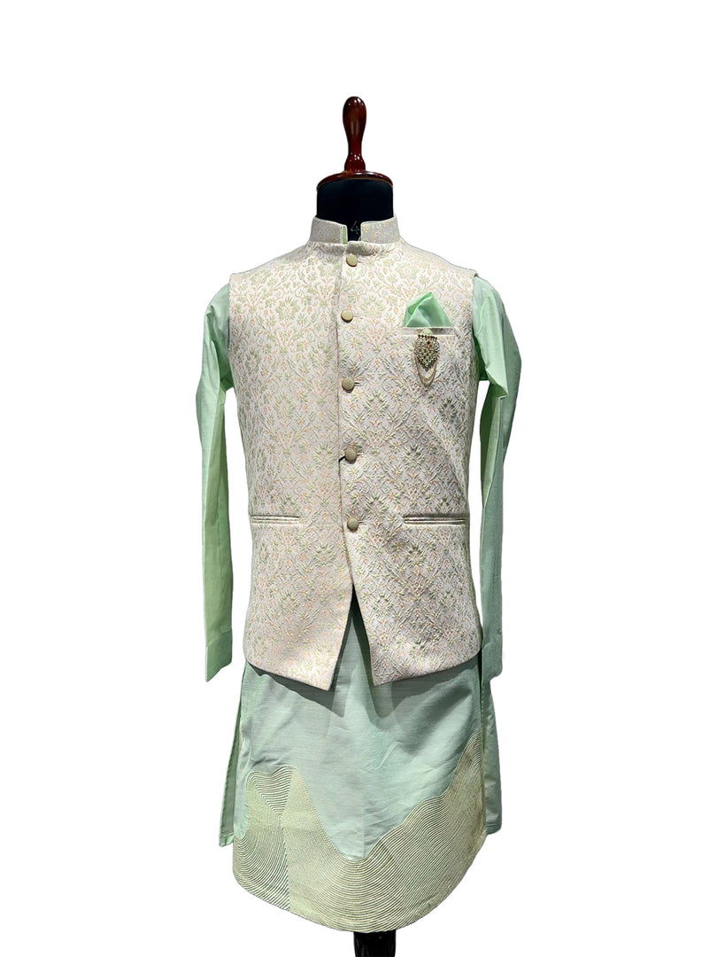 Mint Green Kurta Set with Ivory Embroidered Nehru Waistcoat Set