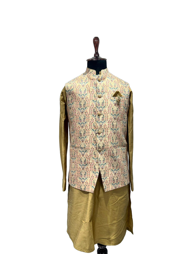 Golden Ochre Waistcoat Set with Printed Pastel Peach Waistcoat Set