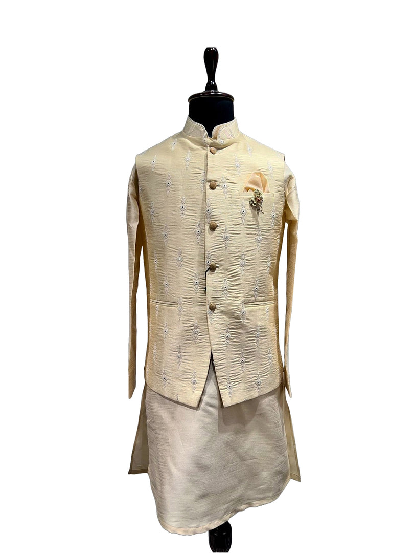 Fawn Textured Waistcoat set with Kurta