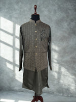 Load image into Gallery viewer, Olive Jacquard  Waistcoat Kurta  Set