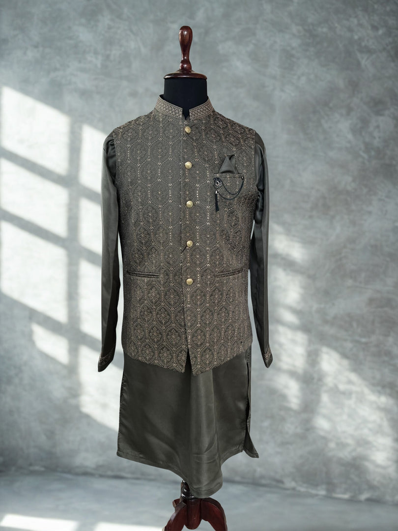Olive Jacquard  Waistcoat Kurta  Set