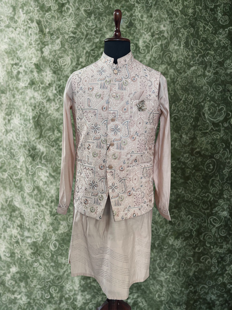 Peach Embroidered Waistcoat Kurta Set