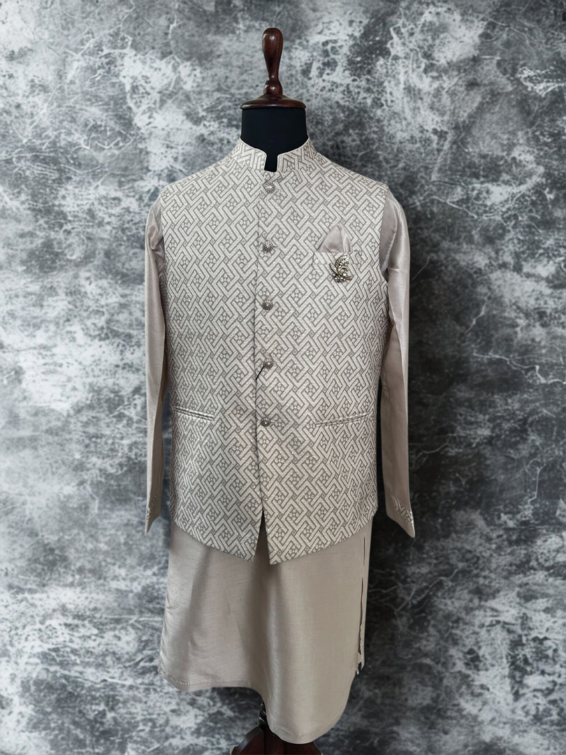 Grey Textured Waistcoat Kurta Set