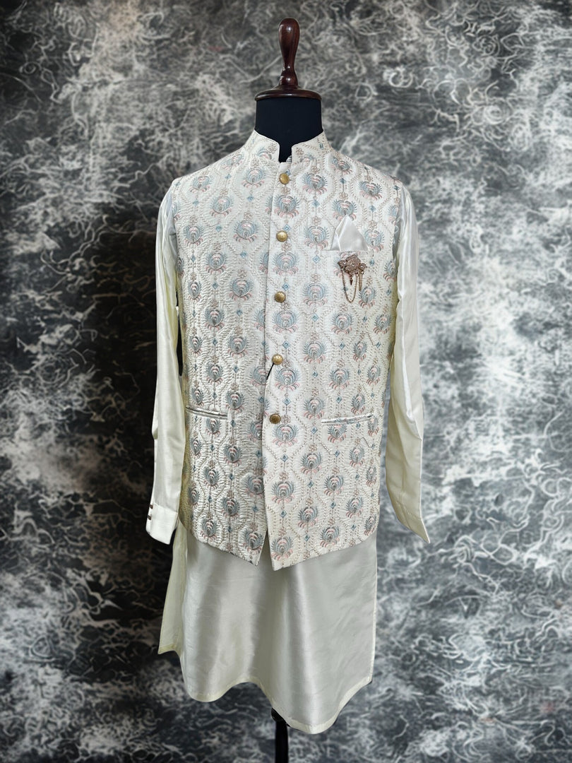 Cream Embroidered Waistcoat Kurta Set