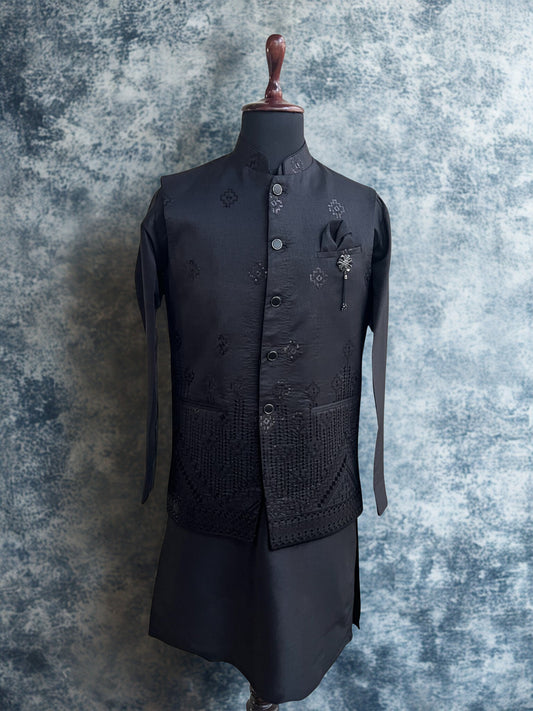 Black Embroidered Waistcoat Kurta Set