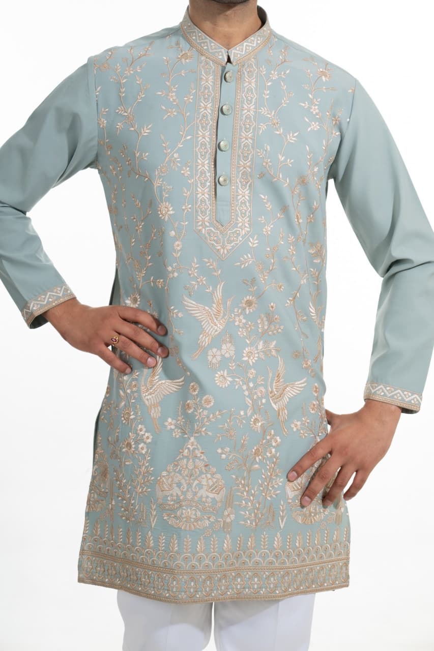 Celestial Sage Heritage Embroidered Kurta Set
