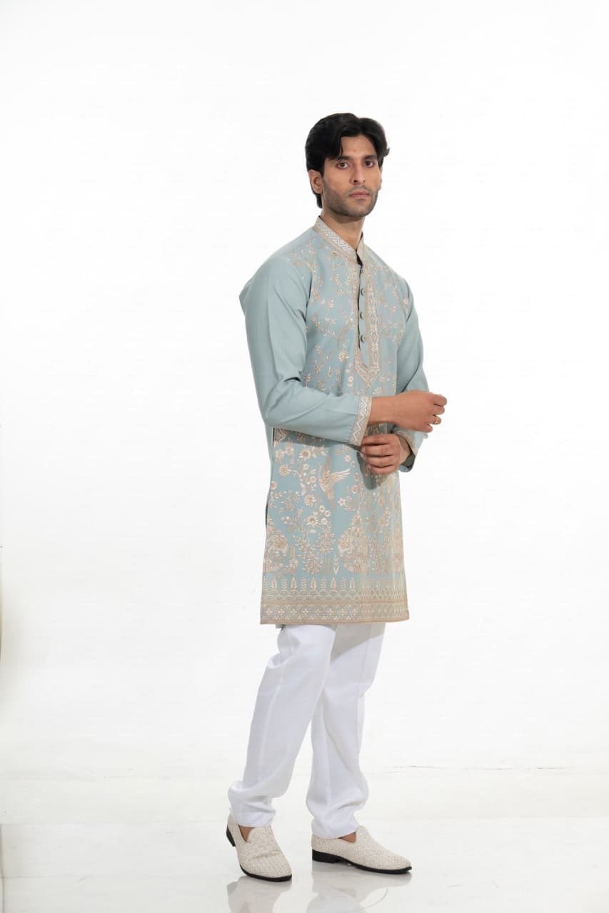 Celestial Sage Heritage Embroidered Kurta Set