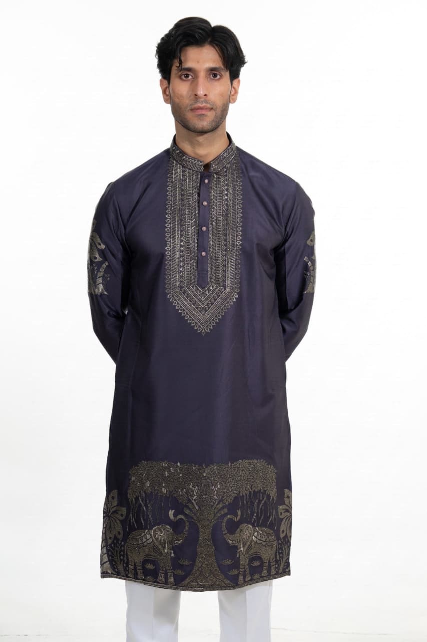 Midnight Indigo Heritage Motif Kurta Set with Embroidered Stole