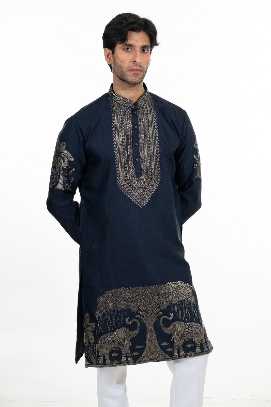 Midnight Blue Heritage Kurta Set with Embroidered Stole