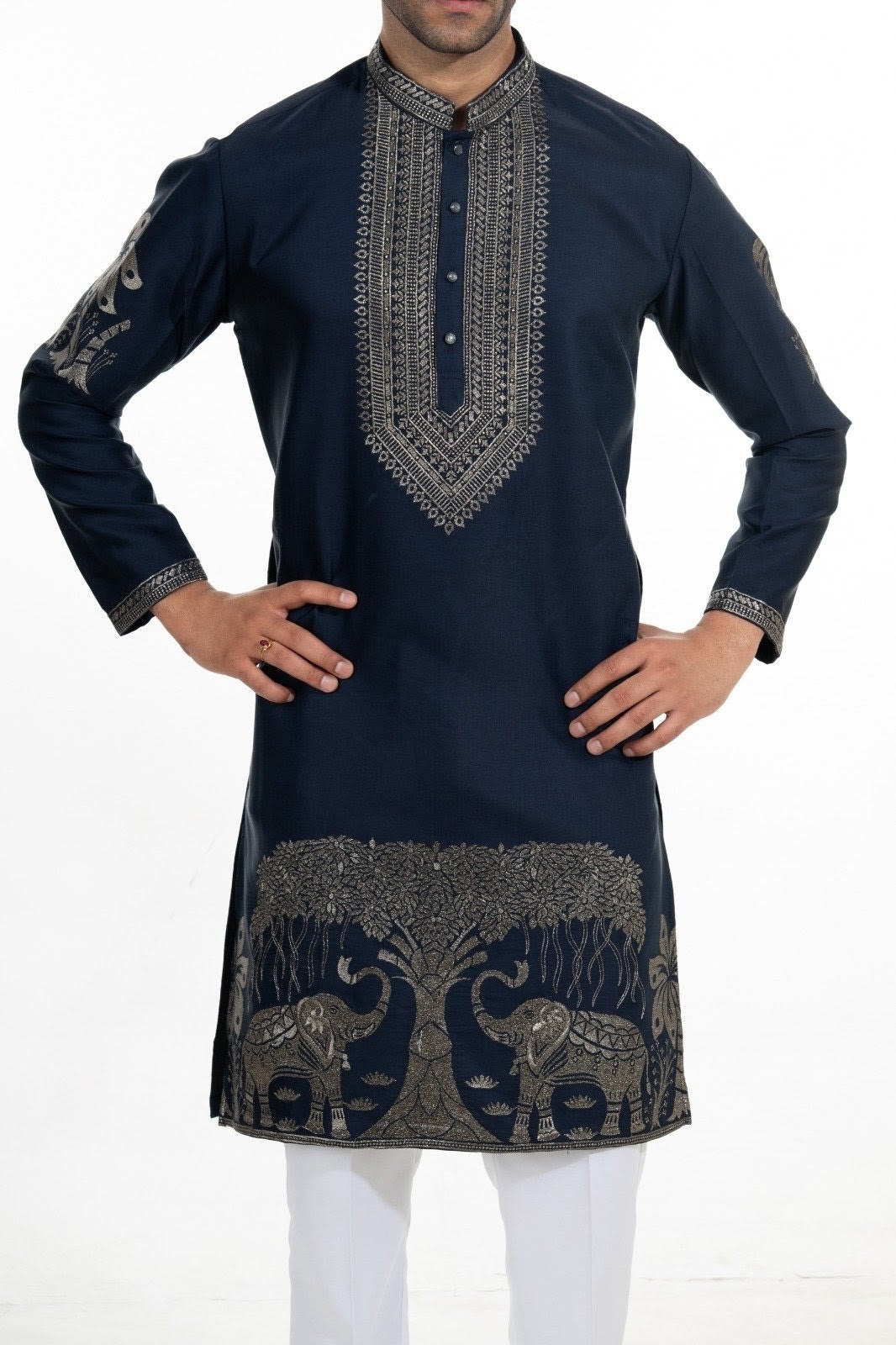 Midnight Blue Heritage Kurta Set with Embroidered Stole