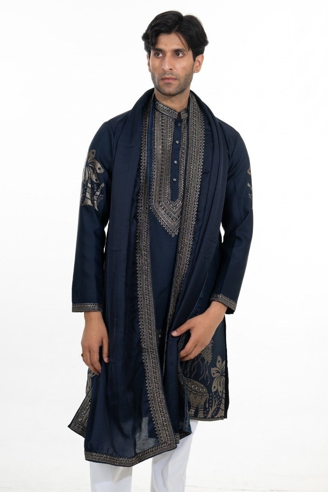 Midnight Blue Heritage Kurta Set with Embroidered Stole