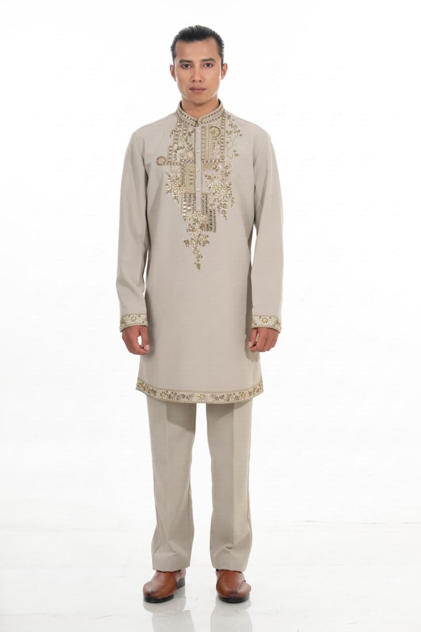 Stone Beige Mirror Embroidered Kurta Set