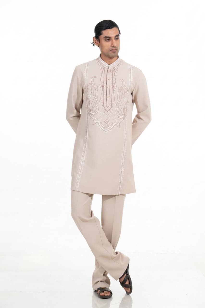Stone Beige Ornate Embroidered Kurta Set