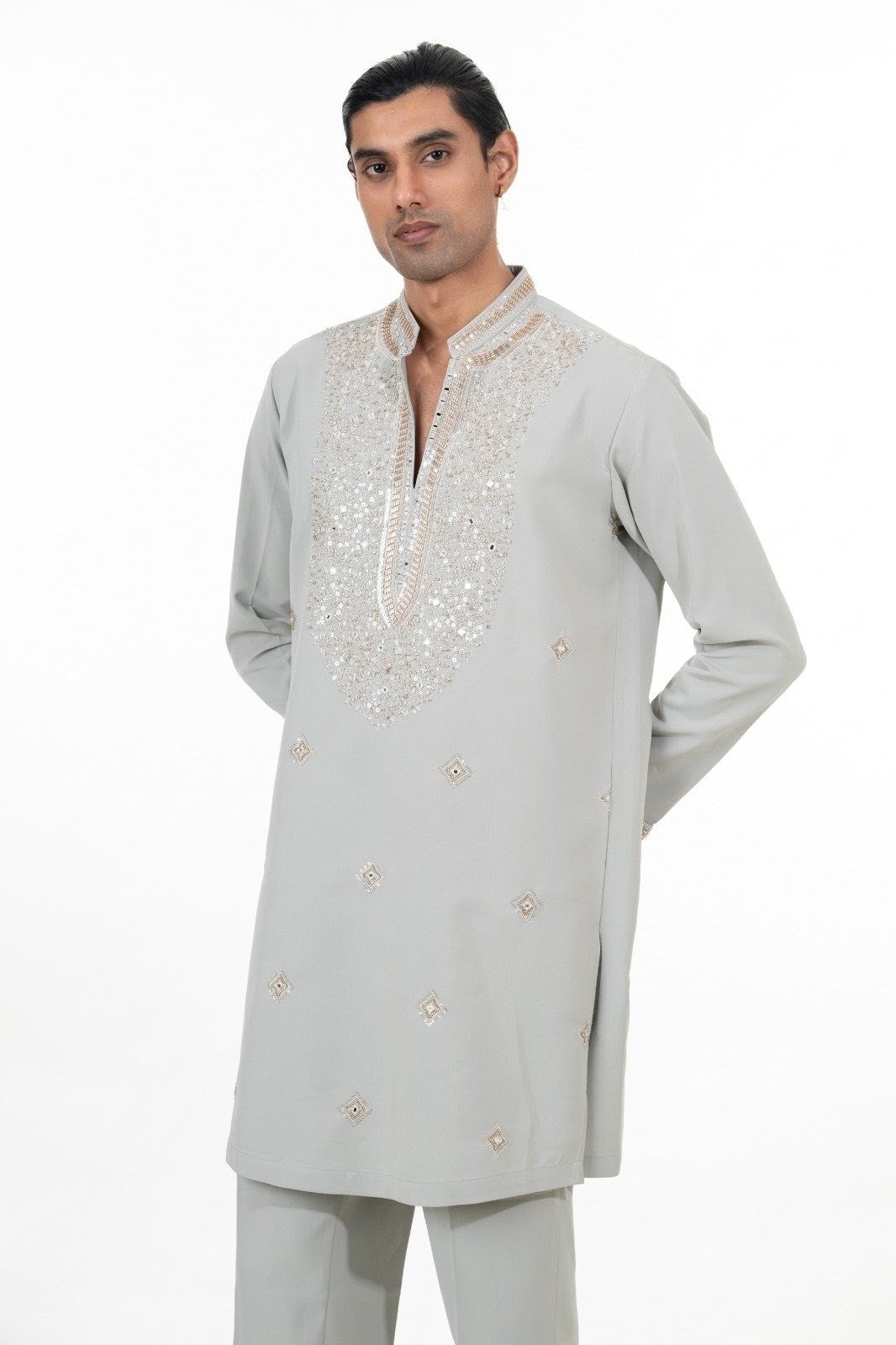 Ice Grey Mirror Embroidered Kurta Set