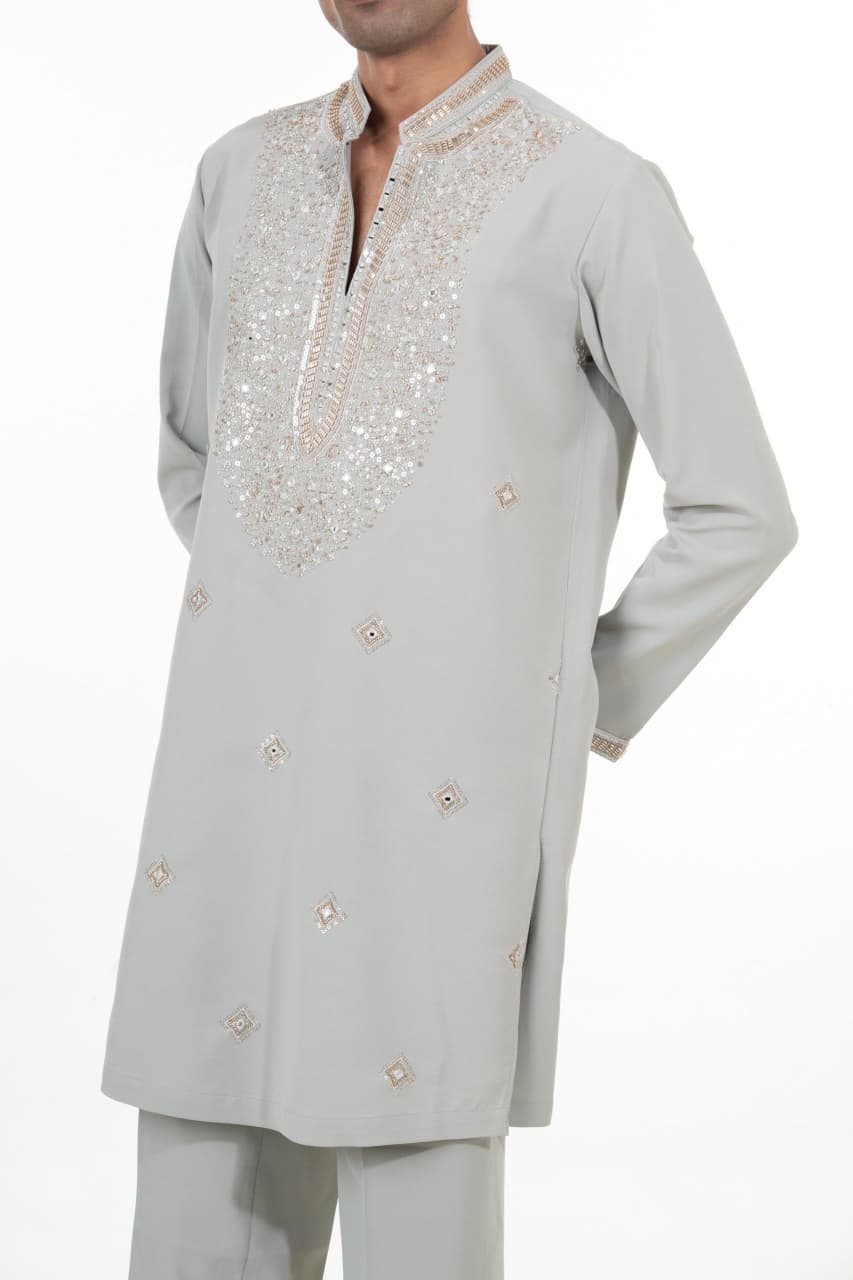 Ice Grey Mirror Embroidered Kurta Set