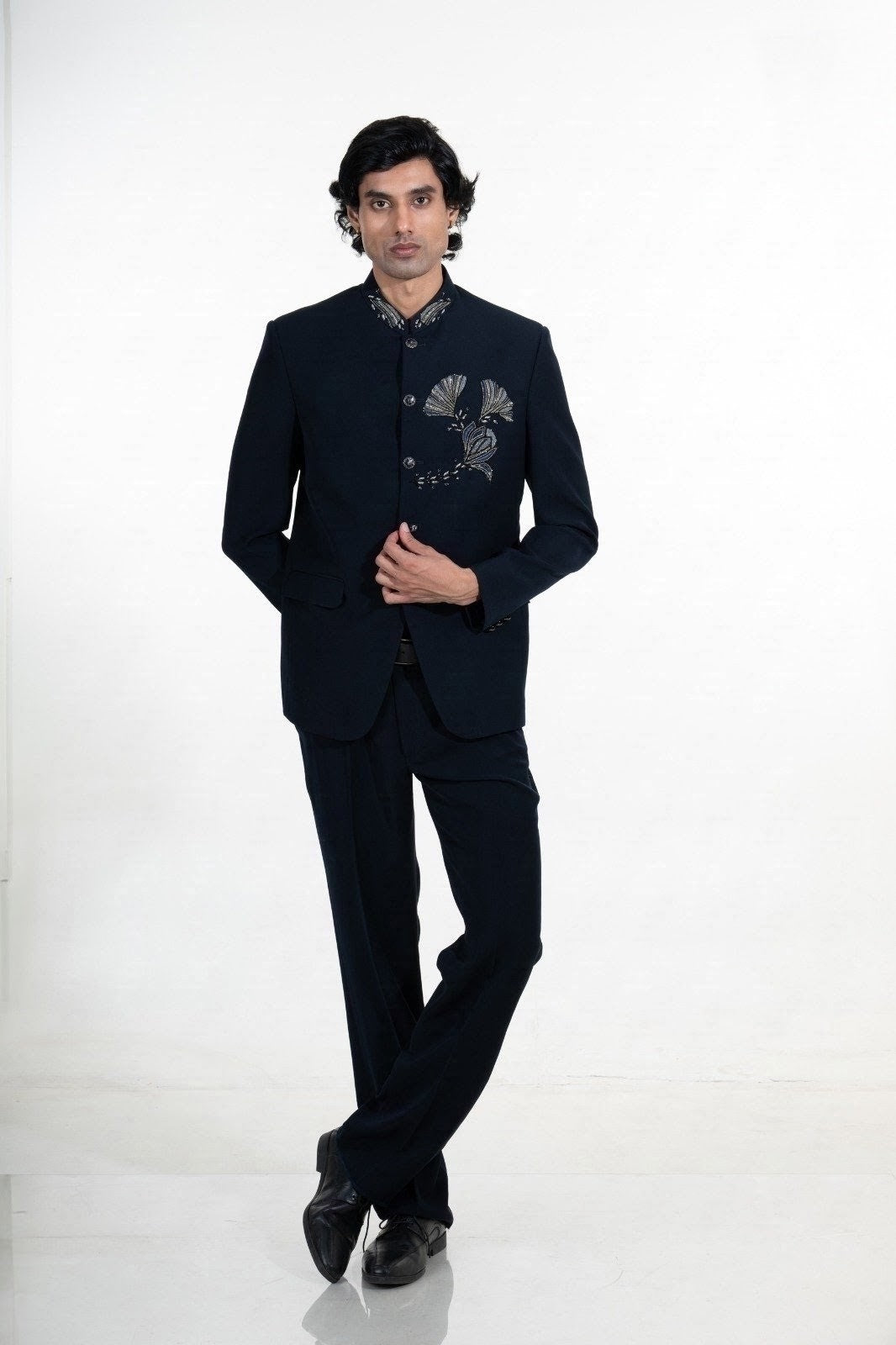 Midnight Blue Botanical Embroidered Bandhgala Suit