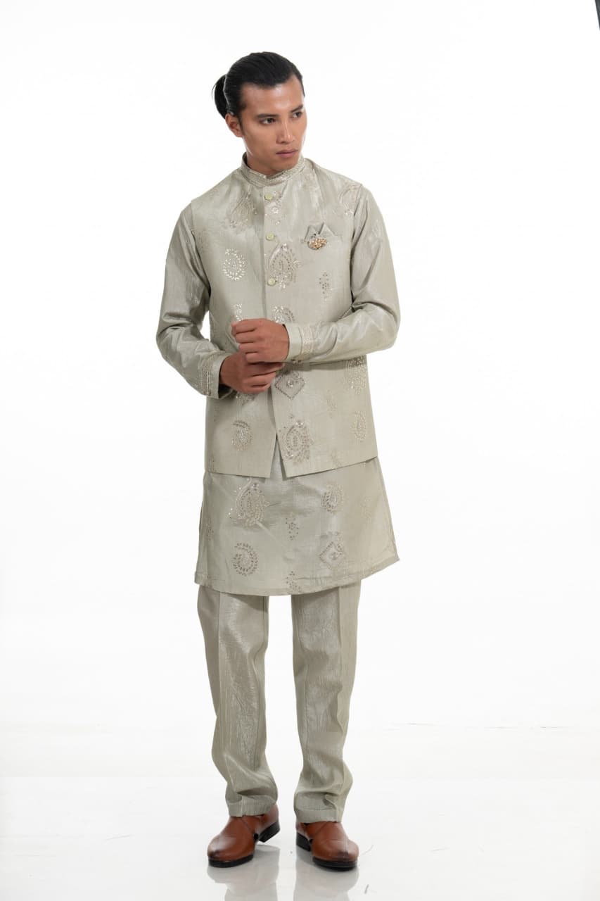 Pista Embroidered Kurta Jacket Set